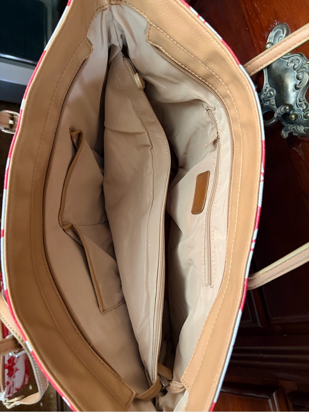 Nine West Red and White Floral Tote with Tan Handles - Picture 2 of 2